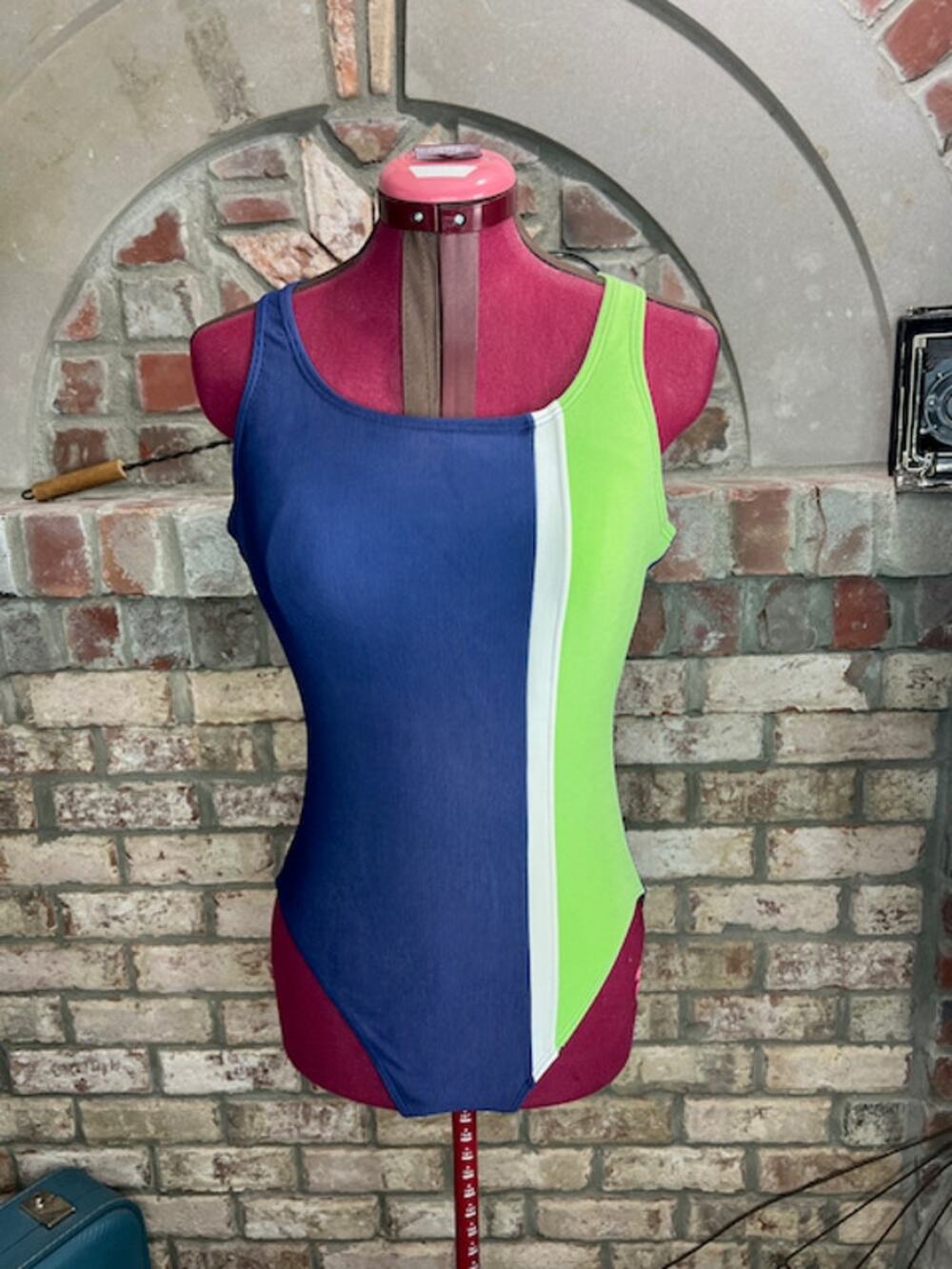 one piece swimsuit color blocked stripe ribbed blue white neon green 1990s